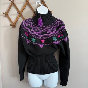 Black Floral Vintage Obermeyer Wool Blend Apres Ski Medium